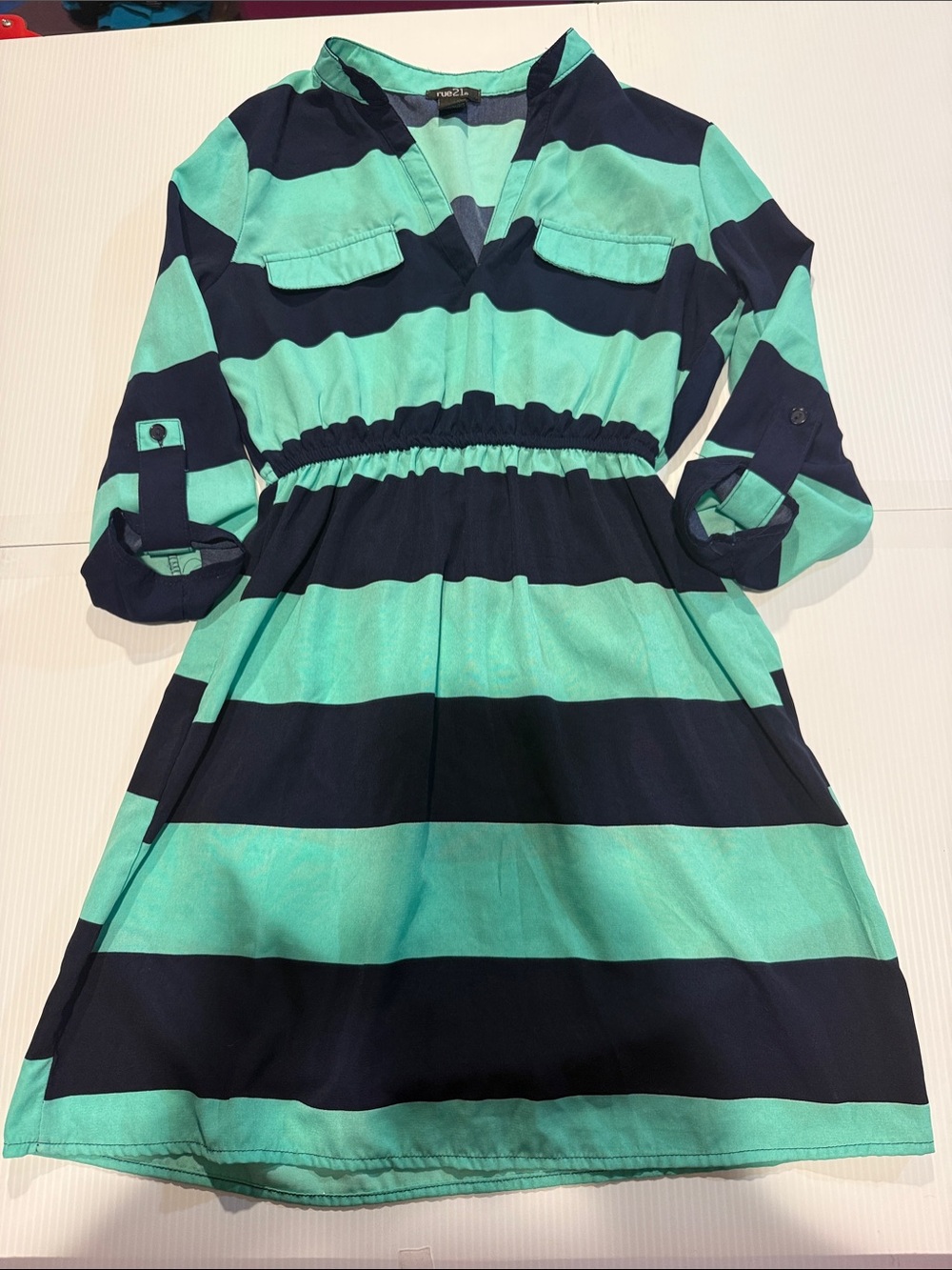 Rue21 Navy and Aqua Wide-Stripe V-Neck Dress